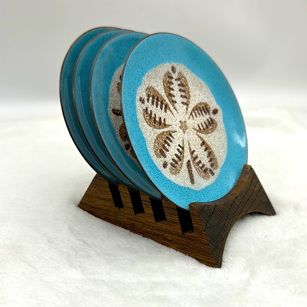 Vintage Annemarie Davidson Handcrafted Enameled Set of 4 Coasters with Stand